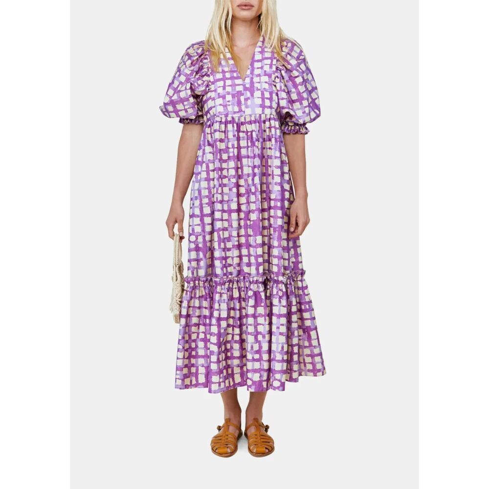 Hunter Bell NYC Palmer Midi Dress Size M Purple Plaid Checkered Puff Sleeve Boho
